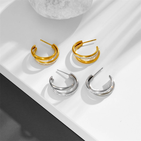C-Shaped Hoop Earrings For Women Stainless Steel Stacked Design With Micro Pave Rhinestone Minimalist Jewelry Gift