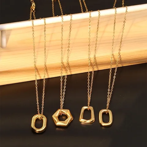 Minimalist Copper Electroplated Geometric Pendant Necklace For Women Unisex Gold Round Hexagon Rectangle Clavicle Chain Jewelry