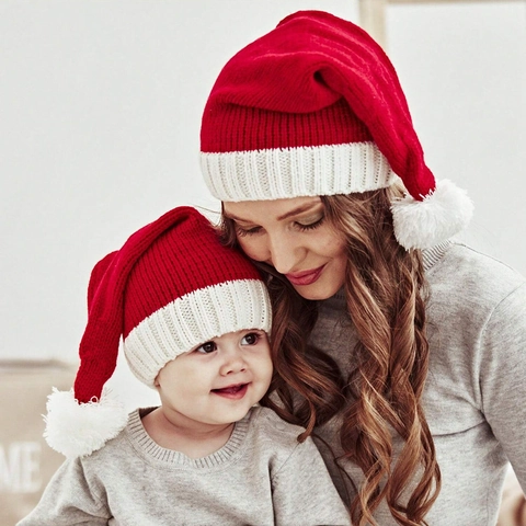 Bonnet De Noël Tricoté Classique Doux Chaud Acrylique Bonnet De Fête Avec Pompon Pour Famille Adultes Enfants