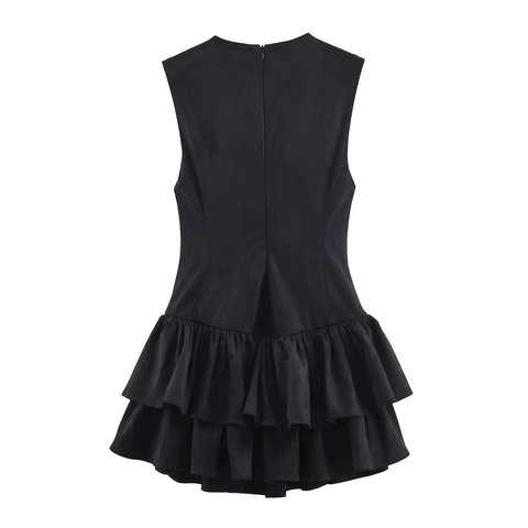 Robe Courte Sans Manches Texture Daim Coupe Ajustée Col Rond Élégant Ourlet À Volants Double Étage Tenue De Soirée Femme