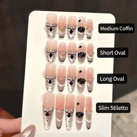 Uñas Postizas Hechas A Mano Ojo De Gato Plateado Diamantes Perla Artificial Cisne Negro Lazo Cadena Estilo Francés Long Coffin Stiletto Mujeres