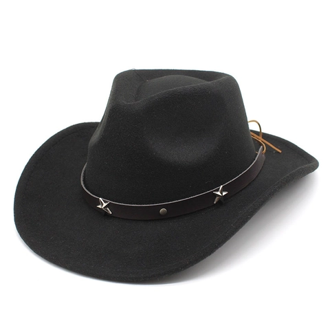 Chapeau De Cowboy Occidental En Feutre De Laine Large Bord Style Vintage Avec Rivets Étoile Bande Cuir Pour Hommes Femmes
