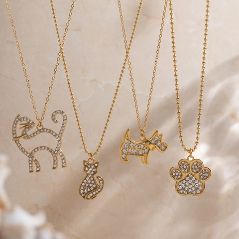 Stainless Steel Cute Animal Pendant Necklace For Women Gold Plated Dog Cat Bone Paw Pendant Rhinestone Inlaid Fashion Jewelry Gift