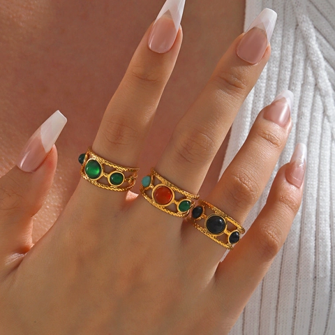 Retro Böhmischer Verstellbarer Offener Ring 18K Vergoldeter Edelstahl Bunter Harz Edelstein Geometrischer Schmuck Damen
