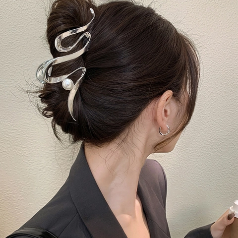 Pinza Para El Cabello Grande De Metal Diseño De Curva En S Ondulada Perla Artificial Elegante Minimalista Horquillas Para Mujeres Accesorio