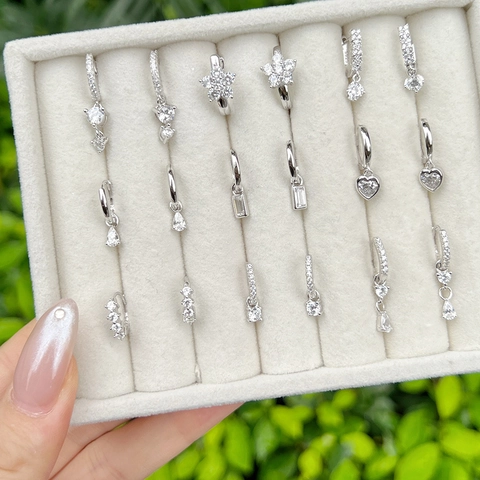 Pendientes Largos de Plata de Ley 925 Corazón Geométrico Circonia para Mujer Moda Lujo Ligero Colgante Goutte d'Eau Flor Joyería