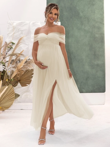 Off Shoulder Mesh Maternity Maxi Dress High Slit Pleated Elegant Photography Gown Women Evening Party Solid Apricot