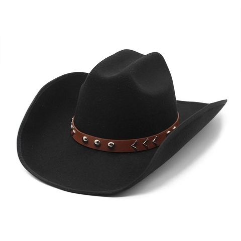 Chapeau De Cow-Boy Western En Feutre De Laine À Large Bord Style Ethnique Rétro Avec Ceinture En Cuir Et Rivets