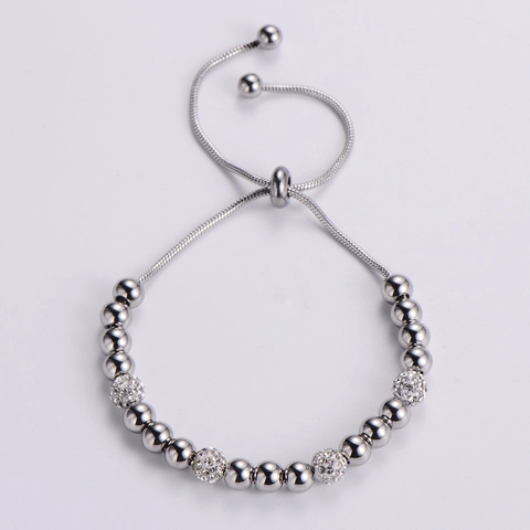Adjustable Stainless Steel Bracelet Snake Chain With Round Beads And Rhinestone Pave Ball Charms For Women Simple Style