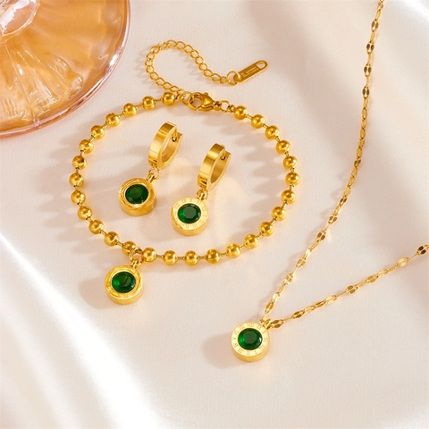 Luxury Stainless Steel Roman Numeral Round Pendant Necklace Bracelet Earrings Rhinestone Jewelry For Women Gold Plated