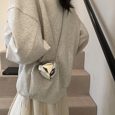 Mini Borsa A Tracolla In Metallo A Forma Di Cuore Geometrico Sfaccettato Con Tracolla A Catena Pochette Da Sera Per Donna