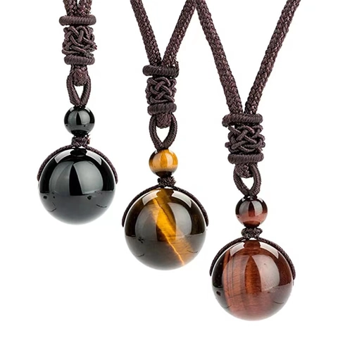 Natural Tiger Eye Stone Obsidian Amethyst Bead Necklace Handmade Braided Rope Chinese Knot Pendant Jewelry Unisex