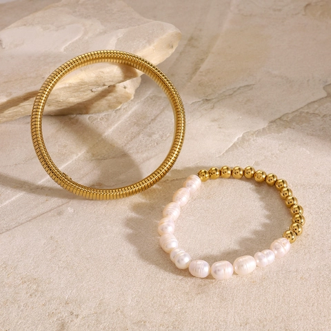 Stainless Steel Artificial Baroque Pearl Beaded Bracelet And Golden Snake Bone Tubogas Bangle 18K Gold Plated Elegant Jewelry