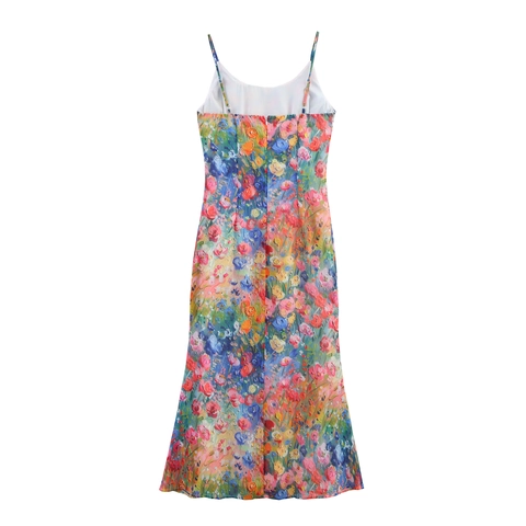 Maxi Jurk Met Bloemenprint Olieverfstijl Spaghetti Bandjes Mouwloos Slanke Pasvorm Hoge Taille Polyester Dames Zomer