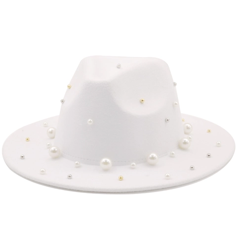 Chapeau Fedora Künstliche Perles Bord Large Feutre De Laine Style Britannique Casquette Jazz Pour Femmes Élégant