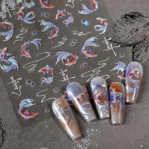 Koi Vis Nail Art Stickers Chinese Stijl Holografische Laser Nagel Decals Zelfklevende Manicure Decoratie Voor Vrouwen