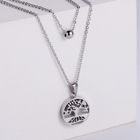 Joyería Árbol De La Vida Acero Inoxidable 316L Collar Doble Capa Pendientes Perla Artificial Diseño Hueco Mujer