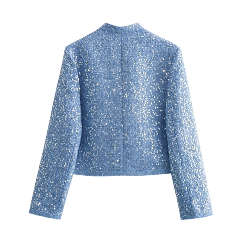 Giacca In Tweed Con Paillettes Blu Chiaro Donna Moda Elegante Manica Lunga Cappotto Corto Doppie Tasche Cerniera Casual