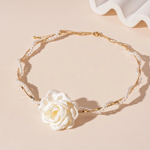 Collar Gargantilla De Flores De Tela Imitación Perla Artificial Cadena Retorcida Oro Retro Francés Accesorio Elegante Para Mujer