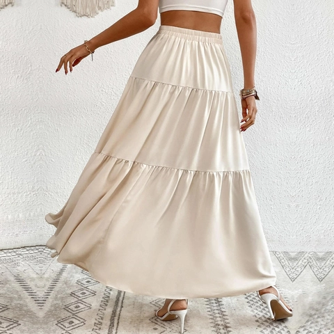 Gonna Lunga A Balze Da Donna Poliestere Con Bottoni Vita Alta Elastica Stile Boho Vacanza Beige