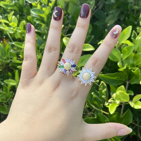 Anello Girasole Placcato Oro Rame Zircone Marquise Moda Floreale Regolabile Aperto Gioielli Donna
