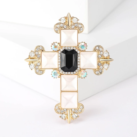 Spilla a Croce in Lega d'Oro Stile Barocco Vintage Con Strass Neri AB e Perla Artificiale per Gioielli da Cappotto Donna