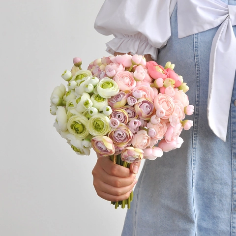 Artificial Ranunculus Flower Bouquet Realistic Satin Hand-Tied Flowers For Wedding Home Decor Photography Props Decor
