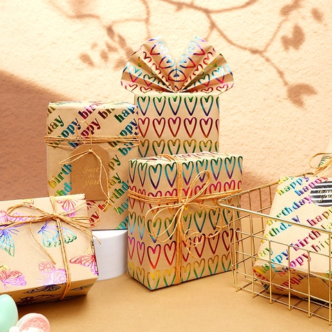 Gift Wrapping Paper Roll Kraft Paper Rainbow Holographic Foil Metallic Laser Stamping Heart Star Butterfly Birthday