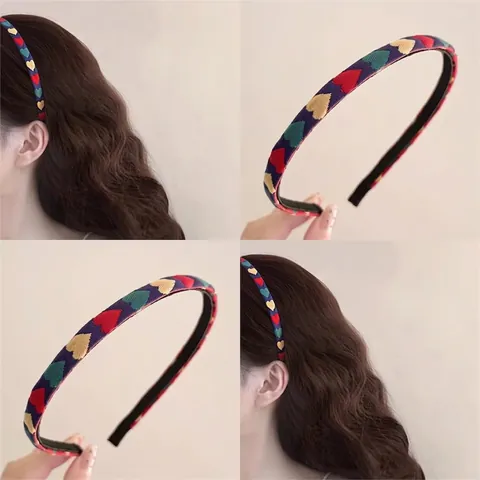 Buntes Herz Besticktes Stoff Haarband Süßer Schmaler Haarreif Vielseitiger Retro Haarschmuck Für Frauen Mädchen