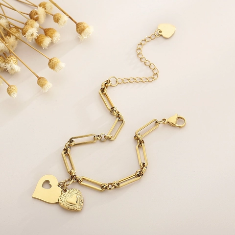 Bracelet Pendentif Coeur En Acier Inoxydable Pour Femmes Mode Chaîne Trombone Double Coeur Bijoux Réglables