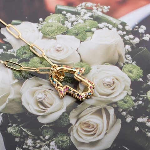 Hamsa Hand Anhänger Halskette Kupfer Bunte Zirkon Büroklammerkette 18K Vergoldet Hip Hop Amulett Schmuck Für Damen