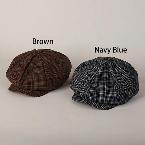 Casquette Gavroche Femme Rétro À Carreaux Octogonale Polyester Viscose Légère Réglable Style Britannique