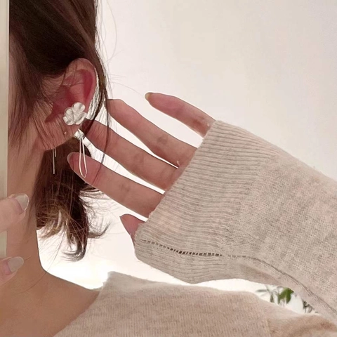 Clip De Oreja De Flor De Plata De Ley 925 Sin Perforación Minimalista Elegante Floral Ear Cuff Joyería Estilo Coreano