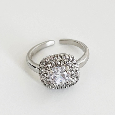 925 Sterling Silber Ring Platinierte Quadratische Kissenform Zirkonia Doppelter Halo Eleganter Luxus Brillant Offenes Verstellbares Band
