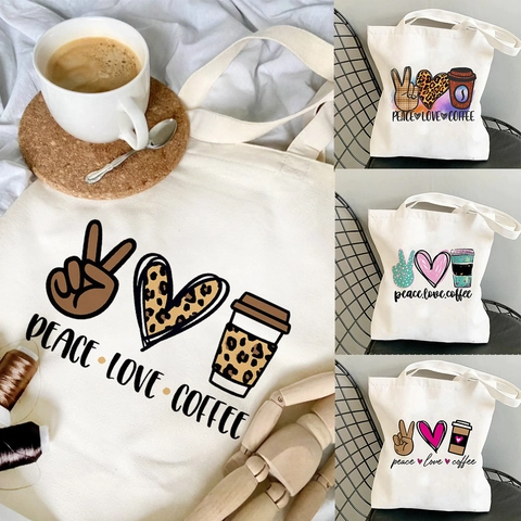 Vintage Women Canvas Tote Bag Peace Love Coffee Printed Handbag Casual Large Capacity Shopping Shoulder Bag Eco Friendly Bag