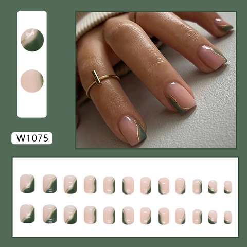 Press On Nails Short Square Emerald Green Gold Foil Smudge French Style Retro False Nails For Women Luxury Ins Style