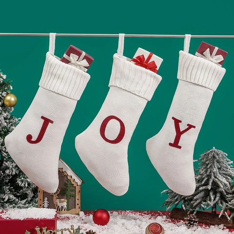Calza Di Natale In Lana A Maglia Lettera Alfabeto Ricamata Sacco Regalo Appeso Festivo Bianco Rosso