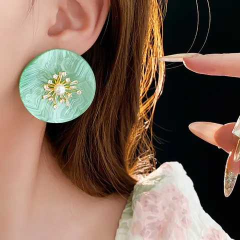 Orecchini A Bottone In Resina Tonda Con Zircone Perla Artificial Imitazione E Perno In Argento Gioielli Di Lusso Per Donna