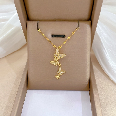 Elegant Butterfly Tassel Pendant Necklace Gold Color Stainless Steel Chain Copper Zircon Micro Pave For Women