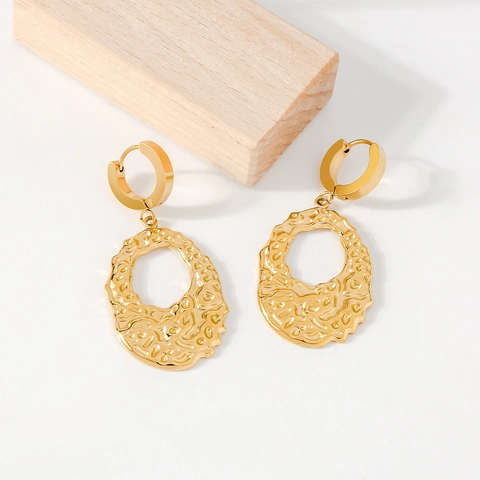 Unregelmäßige Creolen Für Damen 316 Edelstahl Vergoldet Geometrische Hammerschlag Textur Oval Hohl Baumeln Accessoire