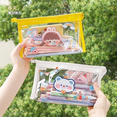 Grote Capaciteit Transparante TPU Pen Etui Kawaii Cartoon Waterdicht Driehoekige Make-Up Tas Briefpapier Organizer