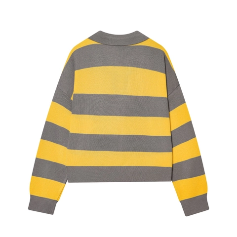 Jersey Polo De Punto A Rayas Mujer Manga Larga Holgado Casual Retro Estilo Preppy Amarillo Gris Poliéster