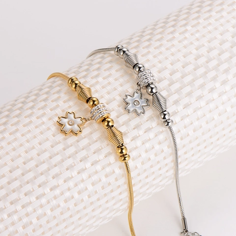 Pulsera Con Colgante De Flor Acero Inoxidable 304 Chapado Esmalte Blanco Circonita Incrustada Cadena De Serpiente Joyería Elegante