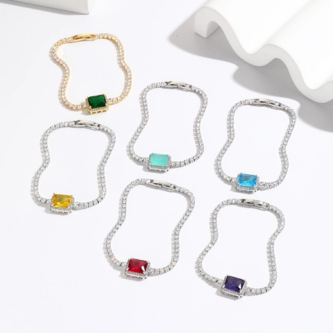 Geometrische Rechthoekige Zirkonia Tennis Armband Messing Luxe Mode Sieraden Voor Vrouwen