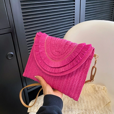 Gewebte Stroh-Fransen-Umschlagtasche Boheme Strand-Umhängetasche Clutch Mit Kunstlederriemen