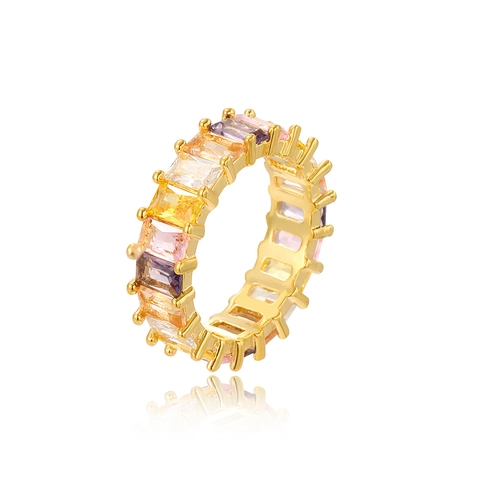 Regenbogen Ewigkeit Ring Messing Echt Vergoldet Bunte Baguette Zirkonia Geometrischer Modeschmuck Für Damen