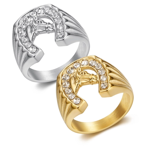 Hip Hop Titanium Steel Horseshoe Horse Head Ring For Men Pave Rhinestone Animal Signet Ring Gold Silver Band Jewelry