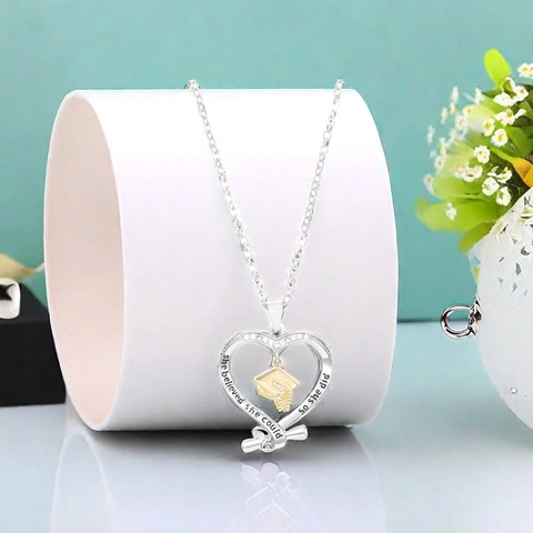 She Believed She Could Heart Necklace Graduation Gift For Women Copper Alloy Zirconia Pendant Graduation Cap Scroll Jewelry