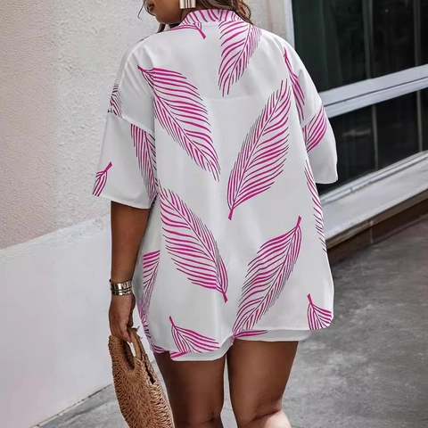 Cardigan A Maniche Corte E Pantaloncini Stampa Foglie Tropicali Vacanze Estive Donna Poliestere Moda Casual