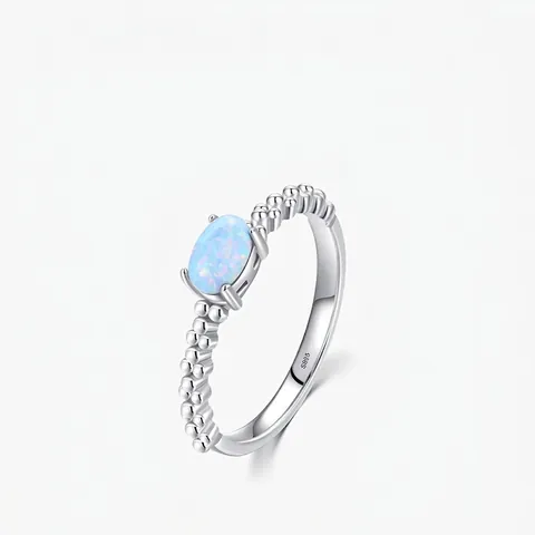 925 Sterling Silber Ring Mit Ovalem Blauem Opal Edelstein Perlenstruktur Minimalistischer Modeschmuck Für Damen